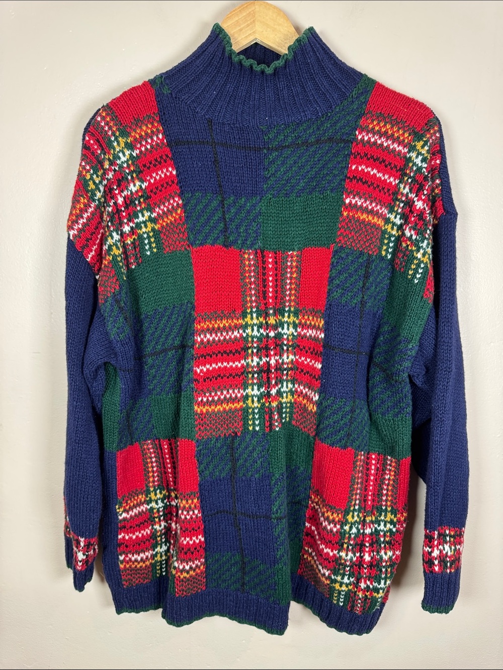 VTG The Limited Handknit Patchwork Mock neck Sweater Plaid Holiday Oversized